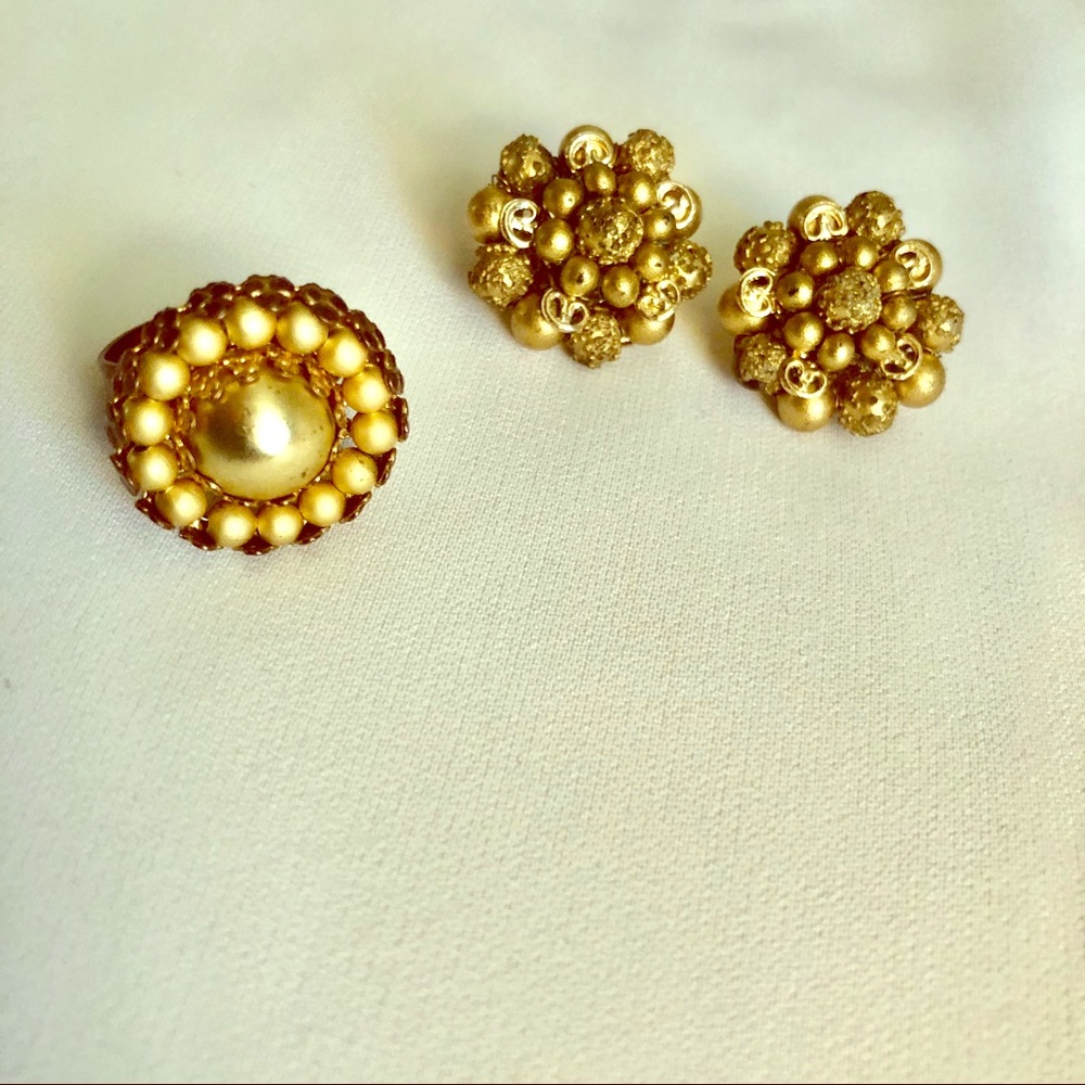 Vintage Clip on gold bead earrings and ring set